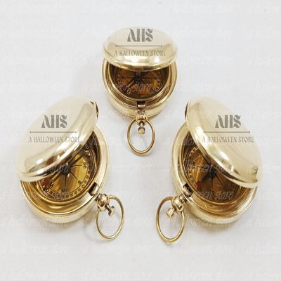 A HALLOWEEN STORE Set of 3 Pieces Handmade Brass Push Button Compass -Direction Compass, Brass Pocket Navigation Compass, Pirate Gift Compass Birthday Gift Valentine's Gift (Polished)