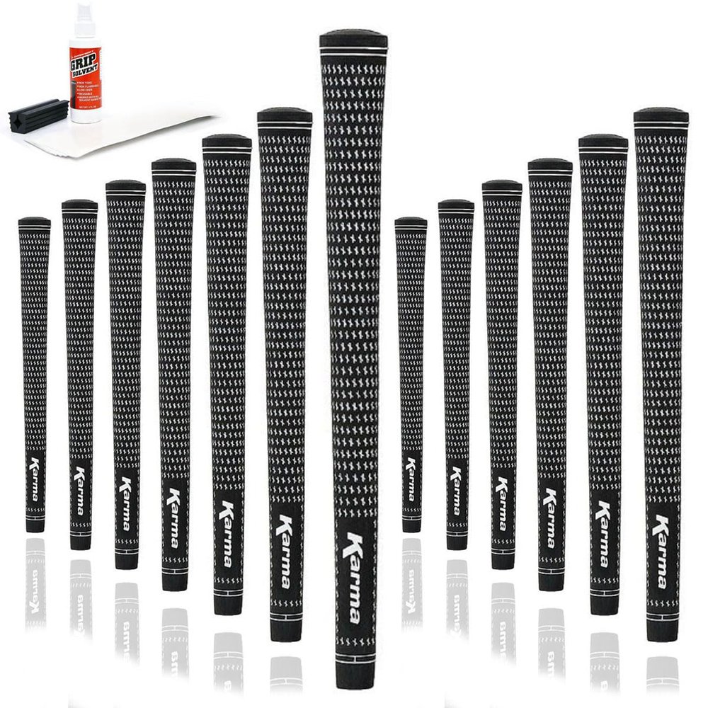 Karma Velour Jumbo Plus Golf Grip Kit with Tape Strips, Grip Solvent, Rubber Vise Clamp, 13 Black/White Rubber Velvet Style +1/8 Oversized Replacement Golf Grips for Men