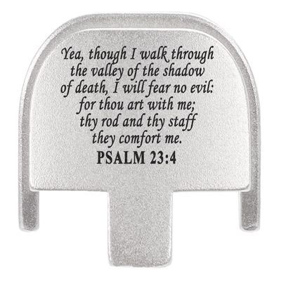 NDZ Performance Rear Slide Cover Plate for Smith & Wesson SD9, SD9 VE, SD40, SD40 VE 9MM & .40 S&W Laser Engraved Anodized Aluminum in Silver - Bible Psalm 23:4