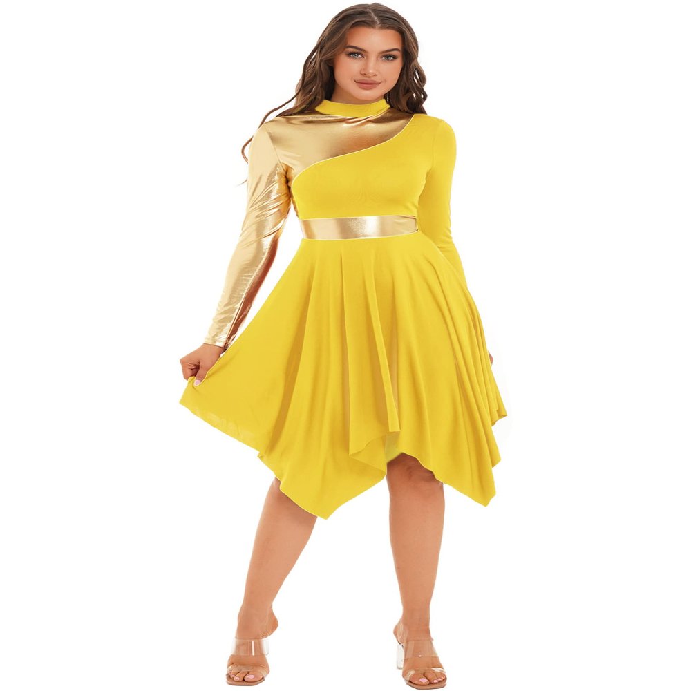 Hularka Women's Metallic Worship Praise Dance Dress Color Block Liturgical Dancewear Performance Costume Yellow Small