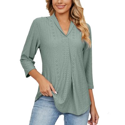 3/4 Sleeve Shirts for Women Tops Dressy Casual Summer Fashion 2023 V Neck Top Eyelet Slim Fit Tunic Tee Blouse Green