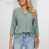3/4 Sleeve Shirts for Women Tops Dressy Casual Summer Fashion 2023 V Neck Top Eyelet Slim Fit Tunic Tee Blouse Green view 3