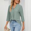 3/4 Sleeve Shirts for Women Tops Dressy Casual Summer Fashion 2023 V Neck Top Eyelet Slim Fit Tunic Tee Blouse Green view 4