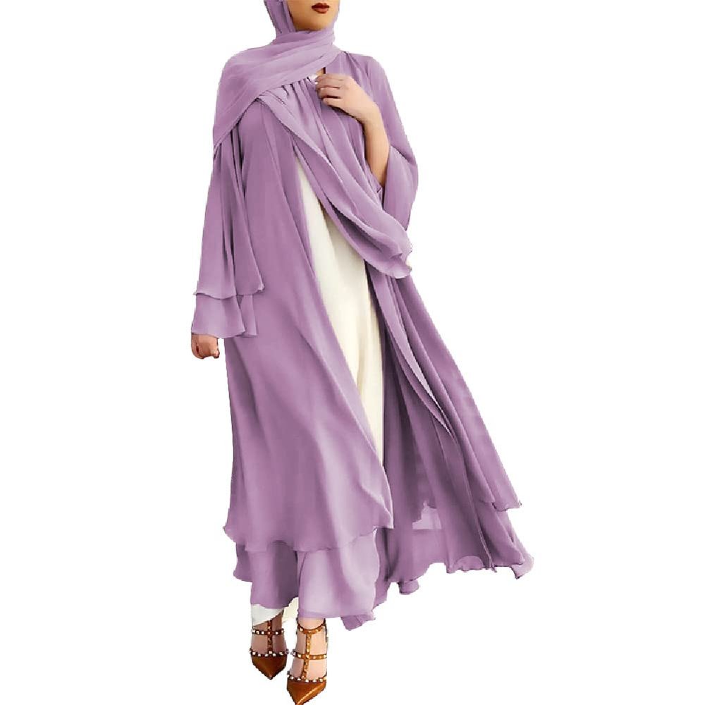 Abayas For Women Muslim Turkey Kaftan Modest Robe Full Length Long Sleeve Chiffon Maxi Cardigan Dress Soild Casual Islamic Clothes Loose Dubai Cover Up Dress for Corban Festival PurpleNo Hijab XXL