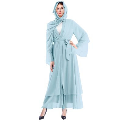 Abayas For Women Muslim Kaftan Dresses Islamic Long Sleeve Maxi Dress Cardigan Niqab Dubai Robe Cover Up Hijab Abayas Prayer Clothes For Muslim Women Nigerian Dresses Light Blue + Hijab XL