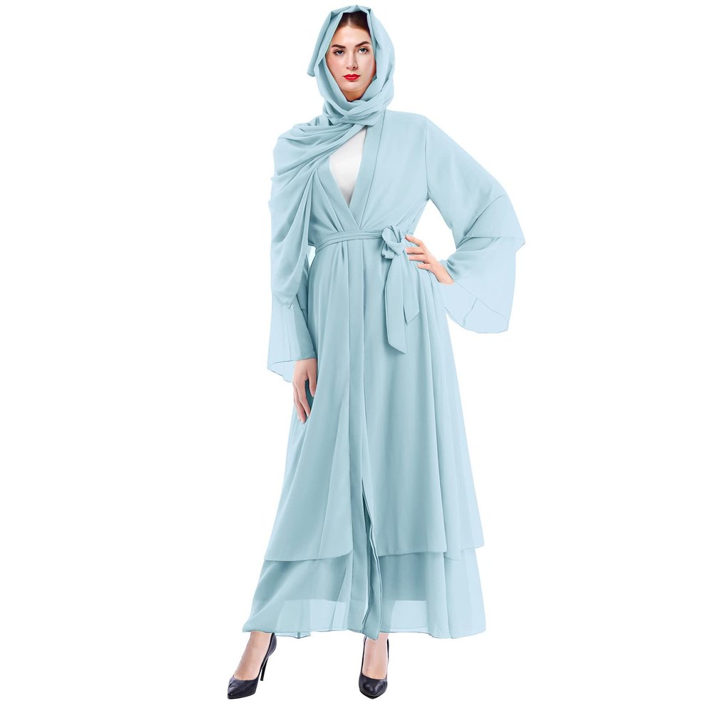 Abayas For Women Muslim Kaftan Dresses Islamic Long Sleeve Maxi Dress Cardigan Niqab Dubai Robe Cover Up Hijab Abayas Prayer Clothes For Muslim Women Nigerian Dresses Light Blue + Hijab XL