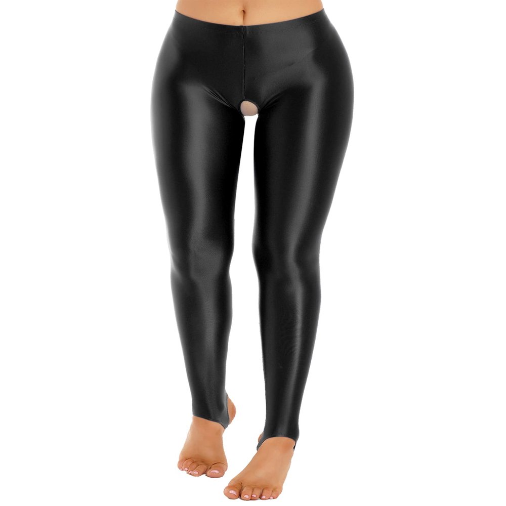 LiiYii Women's Crotchless Leggings Shapewear Glossy Stretchy Step on Foot Fitness Tights Pants Black X-Large