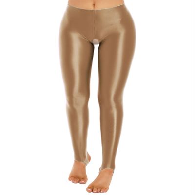 LiiYii Women's Crotchless Leggings Shapewear Glossy Stretchy Step on Foot Fitness Tights Pants Coffee Large