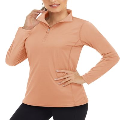 Boladeci Womens Pullover Quarter Zip Long Sleeve Sun Shirts Uv Protection Shirts for Women Swim Golf Cloth UPF Collar Basic 1/2 Zip Workout Tops Long Sleeve Apricot