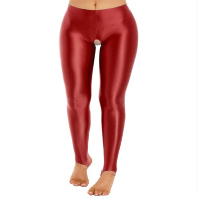 LiiYii Women's Crotchless Leggings Shapewear Glossy Stretchy Step on Foot Fitness Tights Pants Burgundy Large