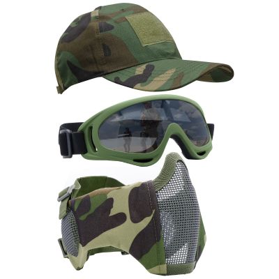 Yzpacc Airsoft Half Face Mask with Goggles Patch Hat Set Tactical Masks Full Face Ear Protective Baseball Cap for CS Halloween and Game