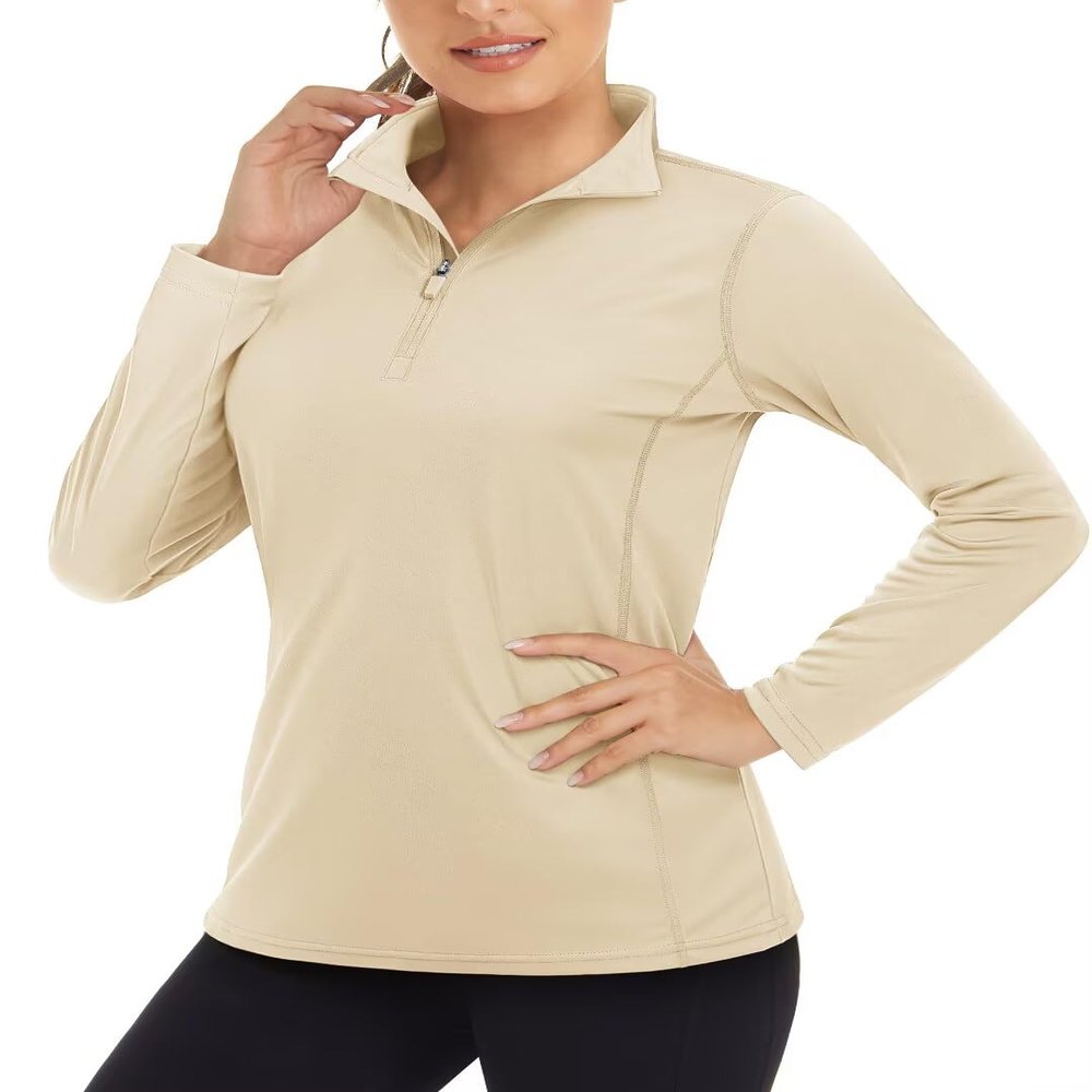 Boladeci UV Protection Shirts for Women Long Sleeve Sun Swim Quarter Zip Pullover Athletic Tops Collared 1/4 3/4 Zip Rash Guard Camping Light Apricot