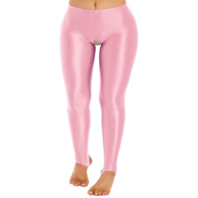 LiiYii Women's Crotchless Leggings Shapewear Glossy Stretchy Step on Foot Fitness Tights Pants Pink Medium