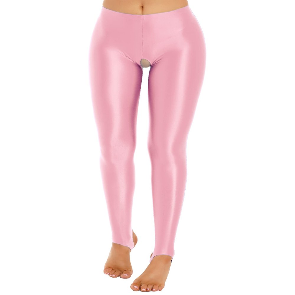 LiiYii Women's Crotchless Leggings Shapewear Glossy Stretchy Step on Foot Fitness Tights Pants Pink Medium