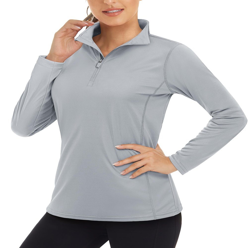 Boladeci SPF Shirts for Women Long Sleeve Sun Protection Quarter Zip Rash Guard Golf Polo Collared 3/4 Zip Pullover Womens Swim Light Gray