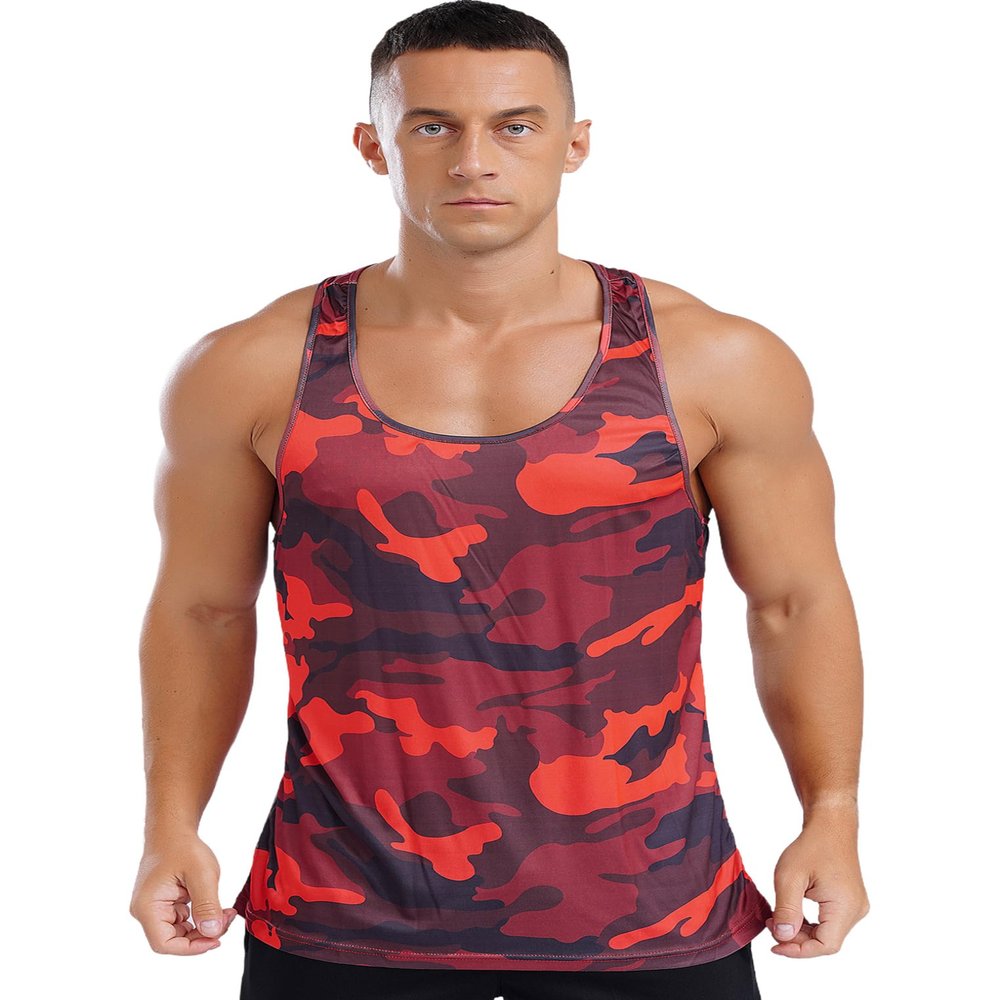 YEAHDOR Men's Gym Workout Tank Top Stringer Sleeveless Camouflage Running T-Shirt Vest Bodybuilding Muscle Shirt Tee Red X-Large