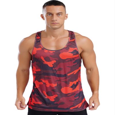 YEAHDOR Men's Gym Workout Tank Top Stringer Sleeveless Camouflage Running T-Shirt Vest Bodybuilding Muscle Shirt Tee Red Large