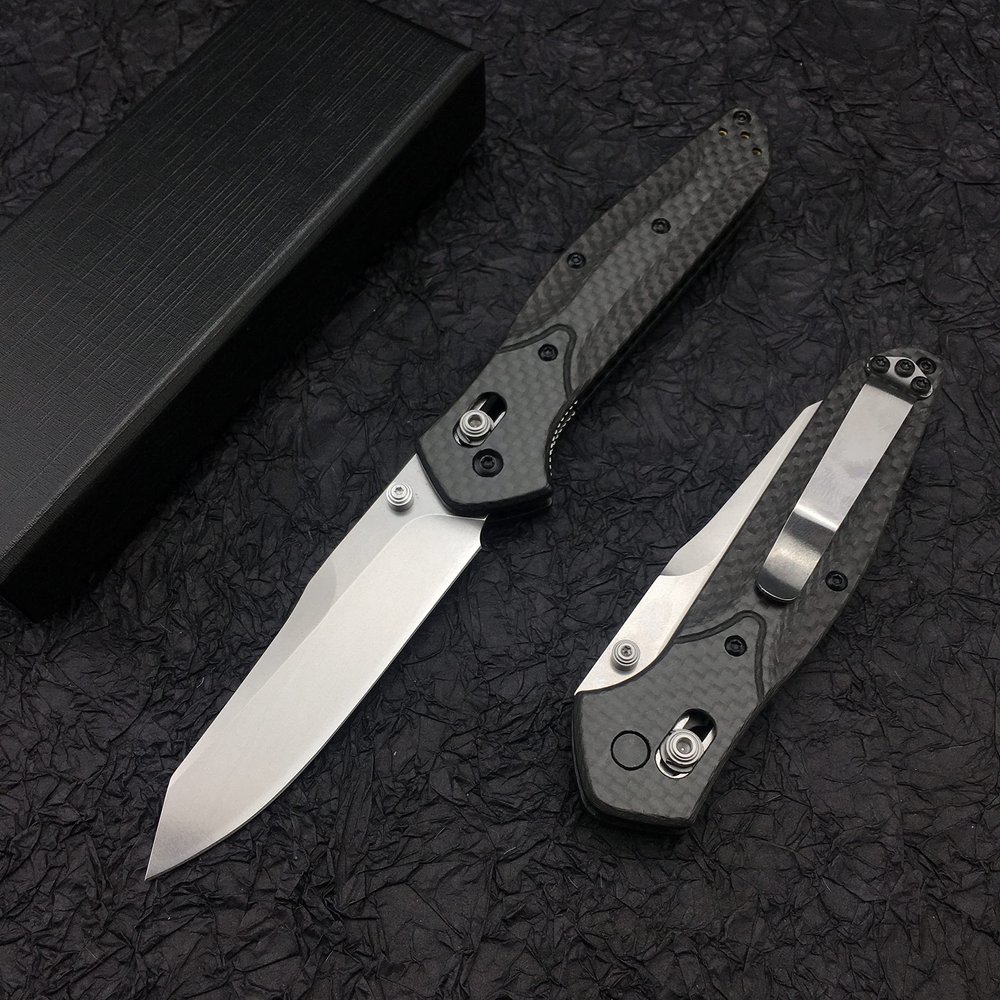 HUAAO 7.7in EDC Pocket Knife, 3.6in Reverse Tanto Blade with Thumb Stud, Plain Edge D2 Steel, Black Carbon Fiber Handle with Belt Clip Mechanism for Outdoor Camping