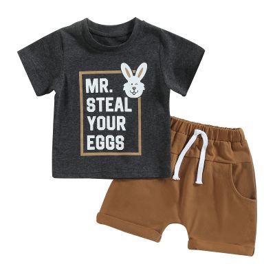 Adobabirl Easter Baby Boy Outfit Mr Steal Your Eggs Bunny Tshirt Solid Shorts Set Toddler Boy Easter Outfit Summer Clothes (D Easter Bunny Outfit Grey,2-3T)