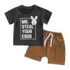Adobabirl Easter Baby Boy Outfit Mr Steal Your Eggs Bunny Tshirt Solid Shorts Set Toddler Boy Easter Outfit Summer Clothes (D Easter Bunny Outfit Grey,2-3T) view 1