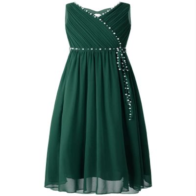 renvena Kids Flower Girl Dress V-Neck Beaded Chiffon Sleeveless Bridesmaid Wedding Party Formal Evening Gown Army Green 10 Years