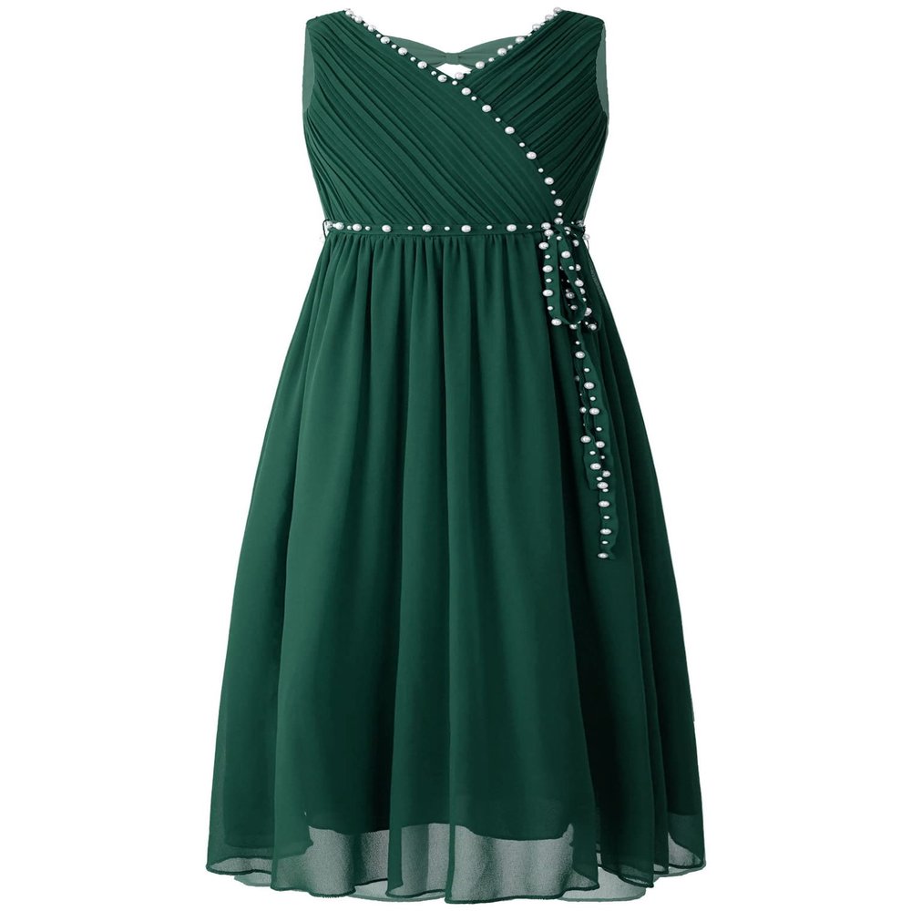 renvena Kids Flower Girl Dress V-Neck Beaded Chiffon Sleeveless Bridesmaid Wedding Party Formal Evening Gown Army Green 10 Years