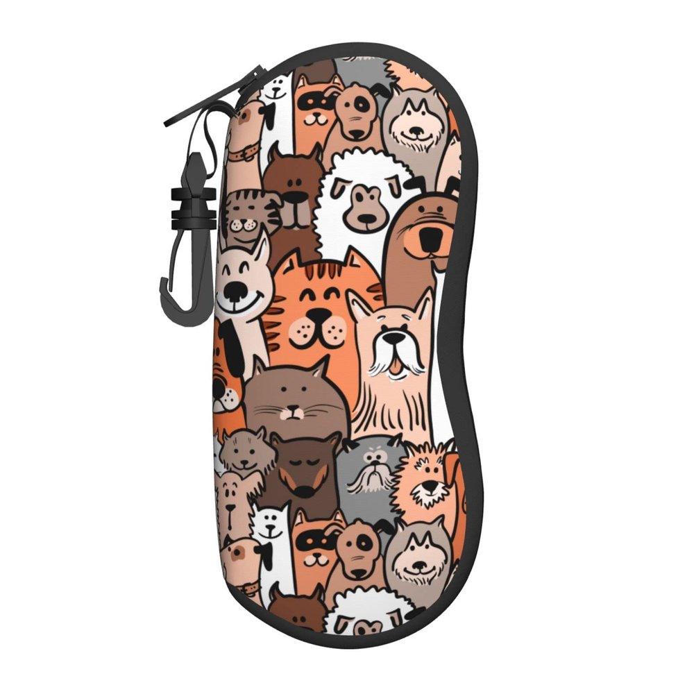 Doodle Dogs And Cats Pattern Soft Sunglasses Case for Men Women, Ultra Light Neoprene Zipper Eyeglass Portable Glasses Case with Belt Clip