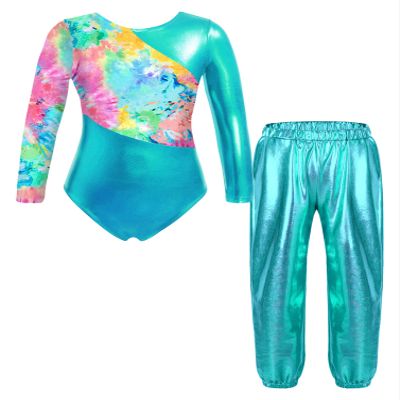 dPois Kids Girls Gymnastics Leotard with Leggings Pants Set Dance Ballet Dancewear Athletic Outfits Activewear Loose Blue Green 10 Years