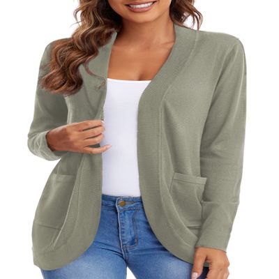 Urban CoCo Womens' Long Sleeve Open Front Knit Sweater Cardigans Curved Hem with Pockets (Khaki, 2XL)