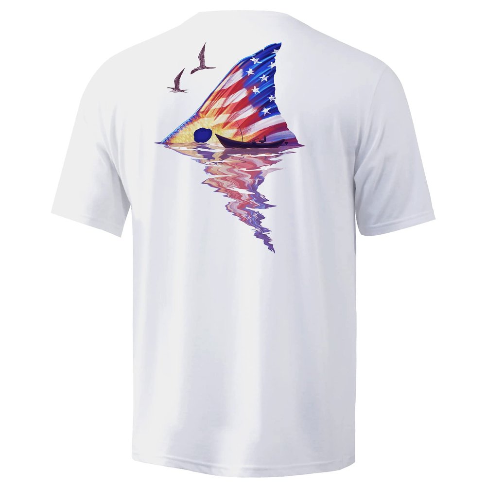 Palmyth Men's Fishing Shirt Short Sleeve Sun Protection UV UPF 50+ SPF T-Shirt (White/Redfish Tail, XL)