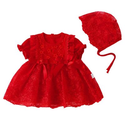 Baby Lace Romper Dress Newborn Short Sleeve Floral Lace Tutu Dress Infant Toddler Girls Boho Flower Lace Wedding Birthday Party Dresses with Bonnet Photography Outfits Red Ruffle-Romper 12-18 Months