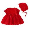 Baby Lace Romper Dress Newborn Short Sleeve Floral Lace Tutu Dress Infant Toddler Girls Boho Flower Lace Wedding Birthday Party Dresses with Bonnet Photography Outfits Red Ruffle-Romper 12-18 Months view 1
