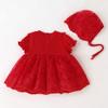Baby Lace Romper Dress Newborn Short Sleeve Floral Lace Tutu Dress Infant Toddler Girls Boho Flower Lace Wedding Birthday Party Dresses with Bonnet Photography Outfits Red Ruffle-Romper 12-18 Months view 2