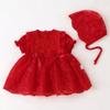 Baby Lace Romper Dress Newborn Short Sleeve Floral Lace Tutu Dress Infant Toddler Girls Boho Flower Lace Wedding Birthday Party Dresses with Bonnet Photography Outfits Red Ruffle-Romper 12-18 Months view 3