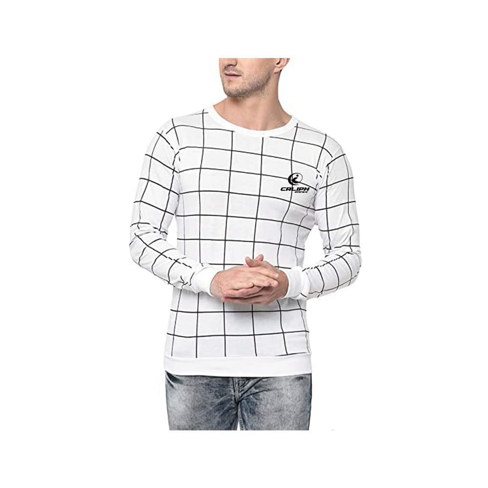 Caliph Impex Full Sleeves 100% Cotton Crew Neck T-Shirt for Men's White
