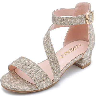 LAURMOSA Little Girls Gold Dress Shoes Teen Heels for Kids Sparkly Sandals Flower Girl Shoes Size 4 High Heels for Kids Wedding Party Tween Fancy Dress Sandals(L1006GlGold 4)