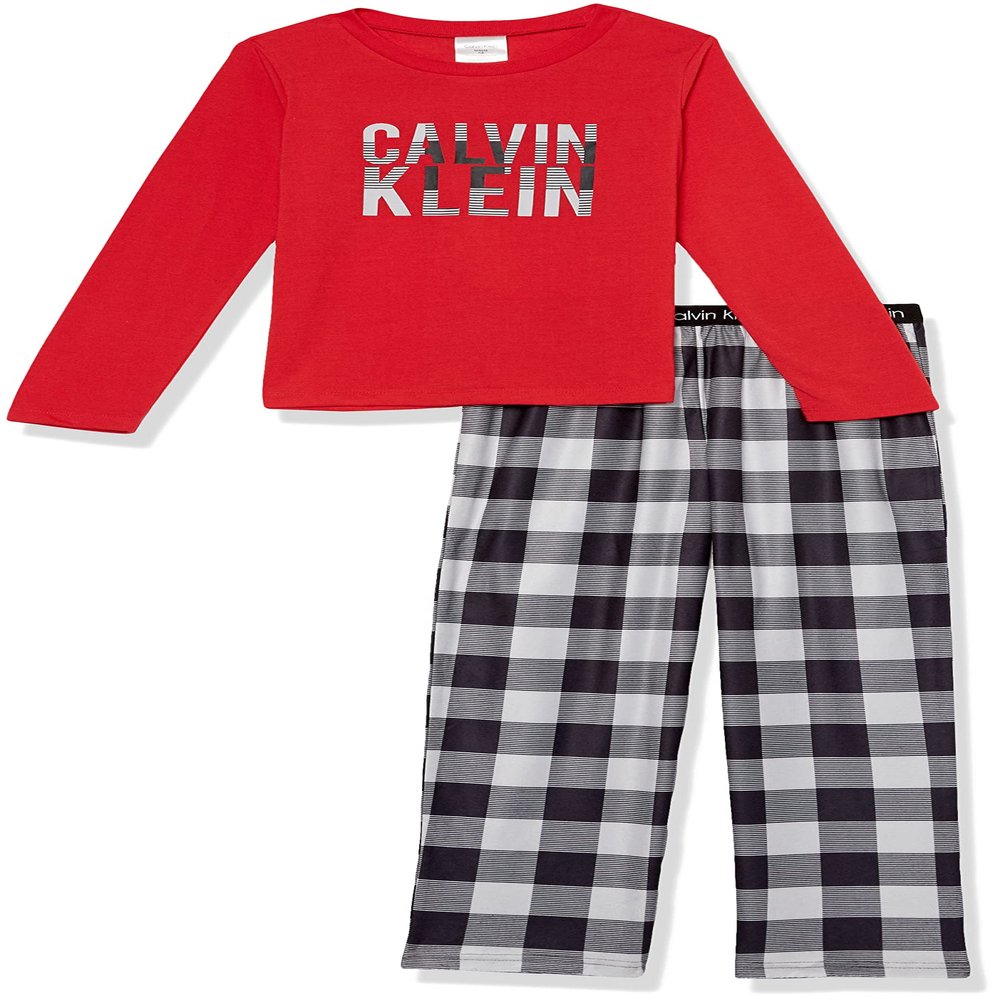 Calvin Klein Girls' Long Sleeve Brushed Micro Pajama Set, Stars/Leopard, 8T