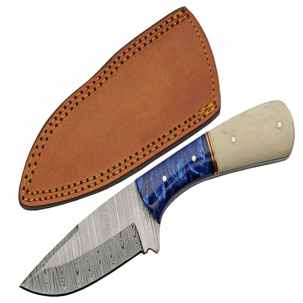 SZCO SANZ Damascus Hunting Knife 8.5 Inch - Sapphire Fixed Blade Camping Knife with Bone & Acrylic Handle, Full Tang Blade & Sheath for Hunting, Camping & Outdoor uses for Men