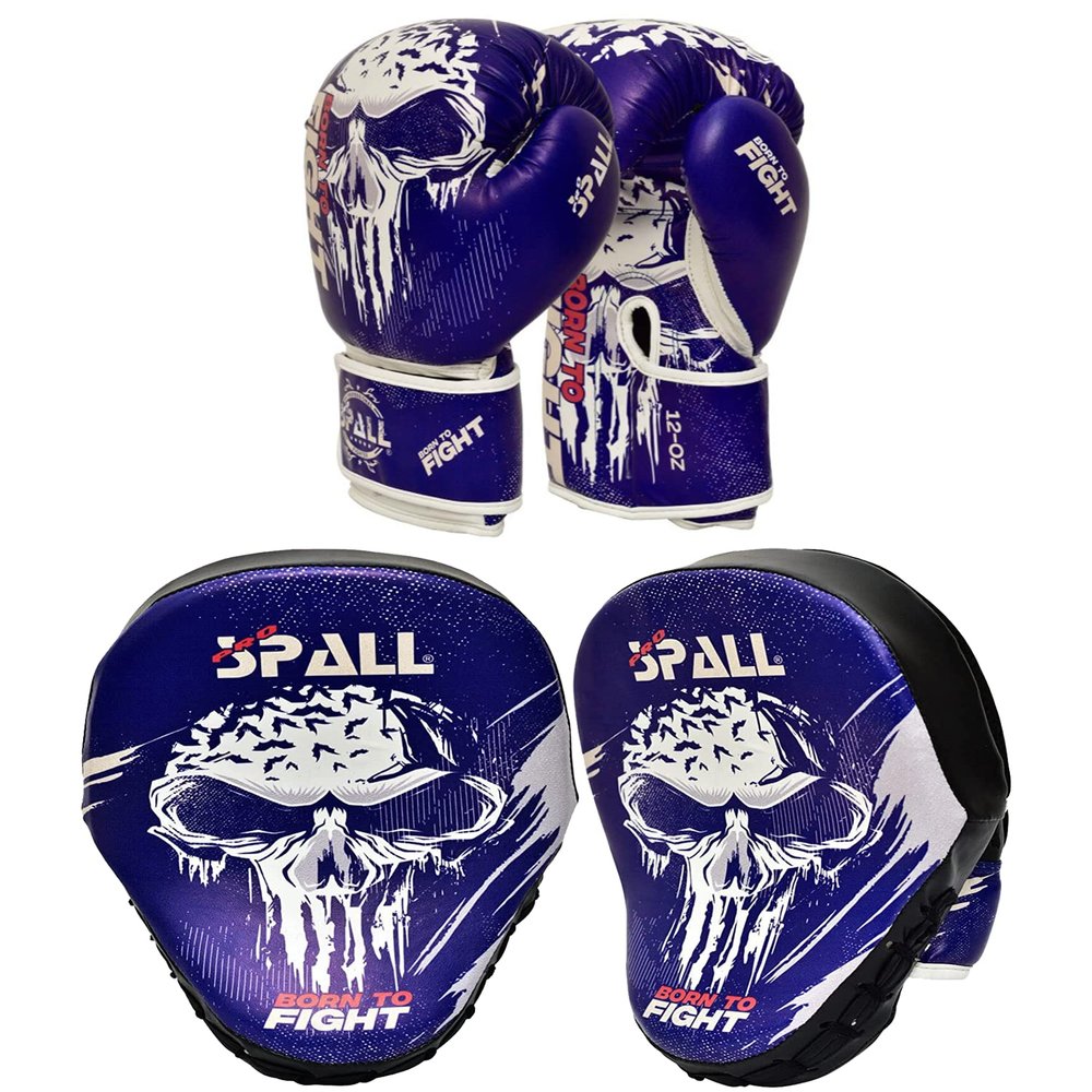 Spall Pro US Boxing Training Set - Synthetic Leather Boxing Gloves with Focus Pad Boxing Mitts, MMA Training with Punch Gloves MMA Boxing Mitts for Kids Adults, Born to Fight Blue - 10 Oz