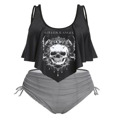 ROSE GAL Womens Plus Size Curve Gothic Skull Print Ruffled Overlay Tankini Swimwear Set(Black_1/4X)