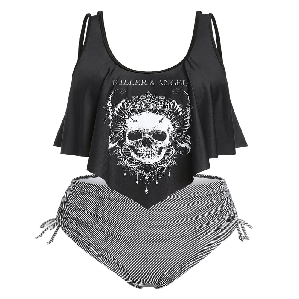 ROSE GAL Womens Plus Size Curve Gothic Skull Print Ruffled Overlay Tankini Swimwear Set(Black_1/4X)