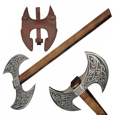 SZCO Supplies 32" Medieval Style Celtic Double Bladed Wood Handle Battle Axe with Sheath, Brown