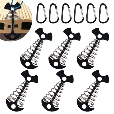 6Pcs Aluminium Alloy Fishbone Deck Anchors with Carabiners, Windproof Deck Anchor Pegs Tie Down Tent Stakes with Spring Buckle, Adjuster Tensioner Set for Furniture Camping Hiking (Black)