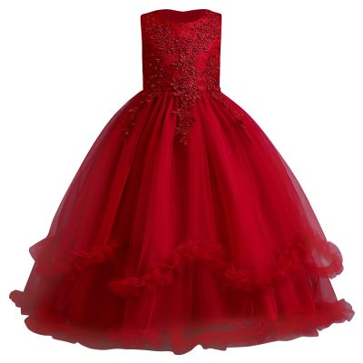 Flower Girl Lace Dress for Kids Wedding Bridesmaid Pageant Party Formal Long Maxi Gown Big Little Princess First Communion Birthday Prom Beaded Ruffle Puffy Tulle Dresses Dark Red - Ruffle 5-6 Years