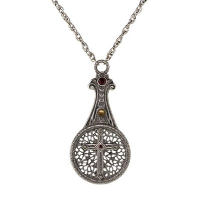 1928 Jewelry Medi Cross Filigree Sliding Magnifying Glass Siam Red Crystal Pendant Necklace For Women 30", Multifunctional Magnifier Perfect For Reading Menus, Labels, Books, Magazines, Made In USA