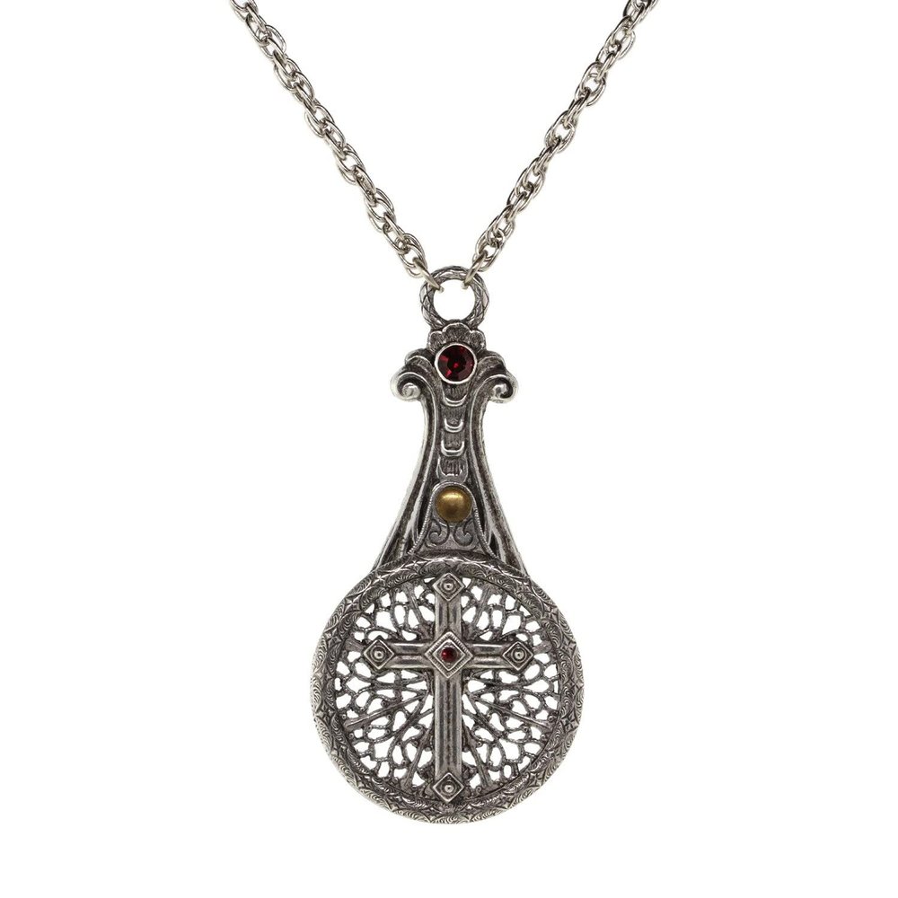 1928 Jewelry Medi Cross Filigree Sliding Magnifying Glass Siam Red Crystal Pendant Necklace For Women 30", Multifunctional Magnifier Perfect For Reading Menus, Labels, Books, Magazines, Made In USA