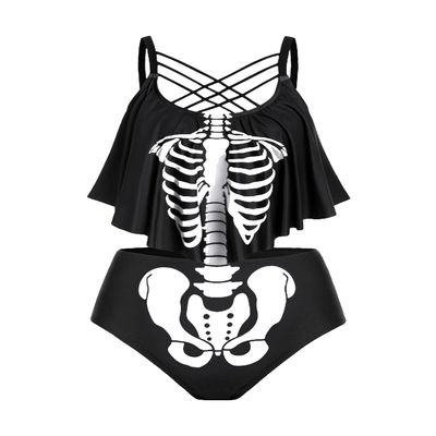 ROSE GAL Womens Plus Size Skeleton Print Flounce Crisscross Strappy Tankini Swimwear Set(Black_2/4X)
