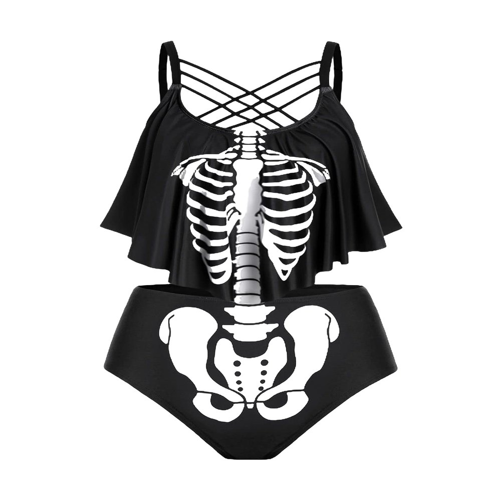 ROSE GAL Womens Plus Size Skeleton Print Flounce Crisscross Strappy Tankini Swimwear Set(Black_2/4X)