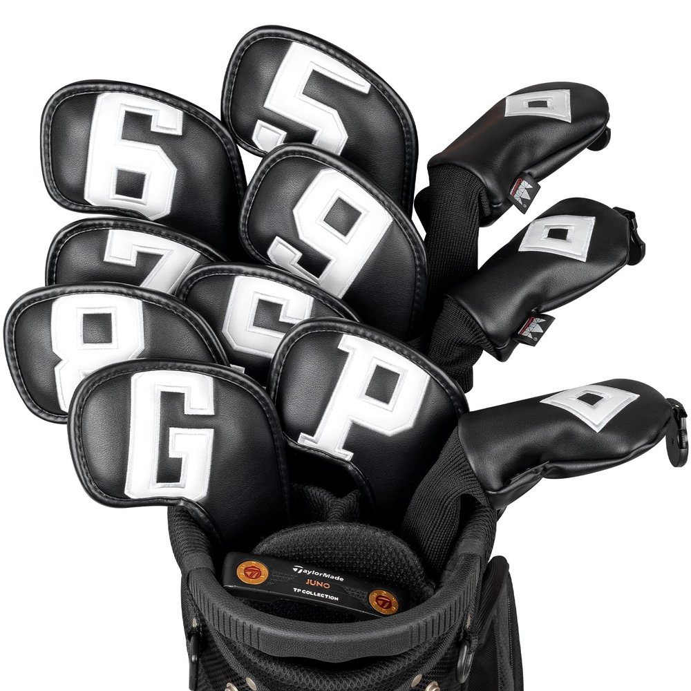 Craftsman Golf Black Magnetic Closure Iron Headcovers White Large No. 5 6 7 8 9 P G S + Thick Hybrid Rescue Head Covers 3pcs Total 11pcs Golf Club Complete Set
