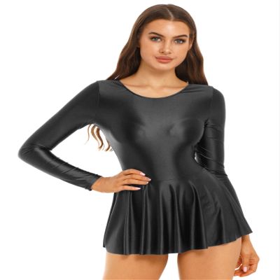 Linjinx Women's Glossy Skirted Leotards Dance Dress Sports Practice Training Gymnastics Dresses Black Small